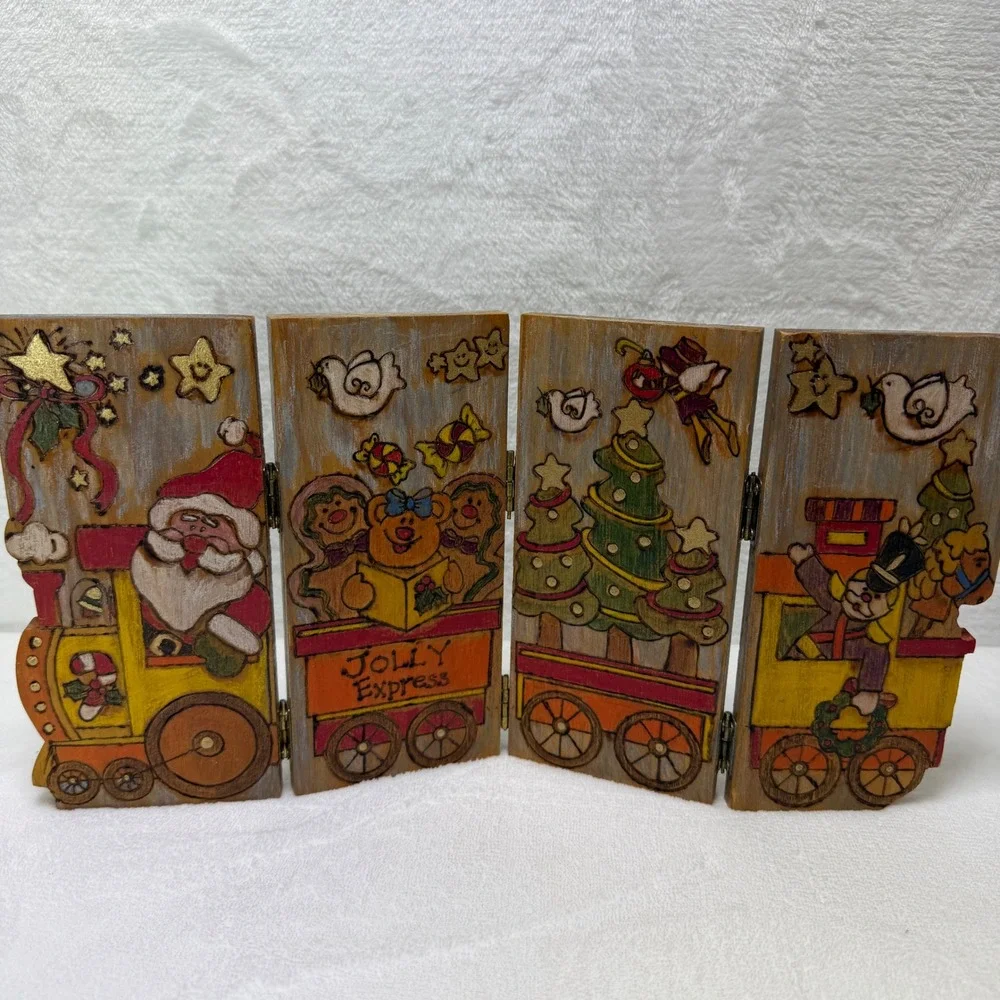 VTG Handmade Hand Painted Wood Christmas Jolly Express Train Folding Decoration